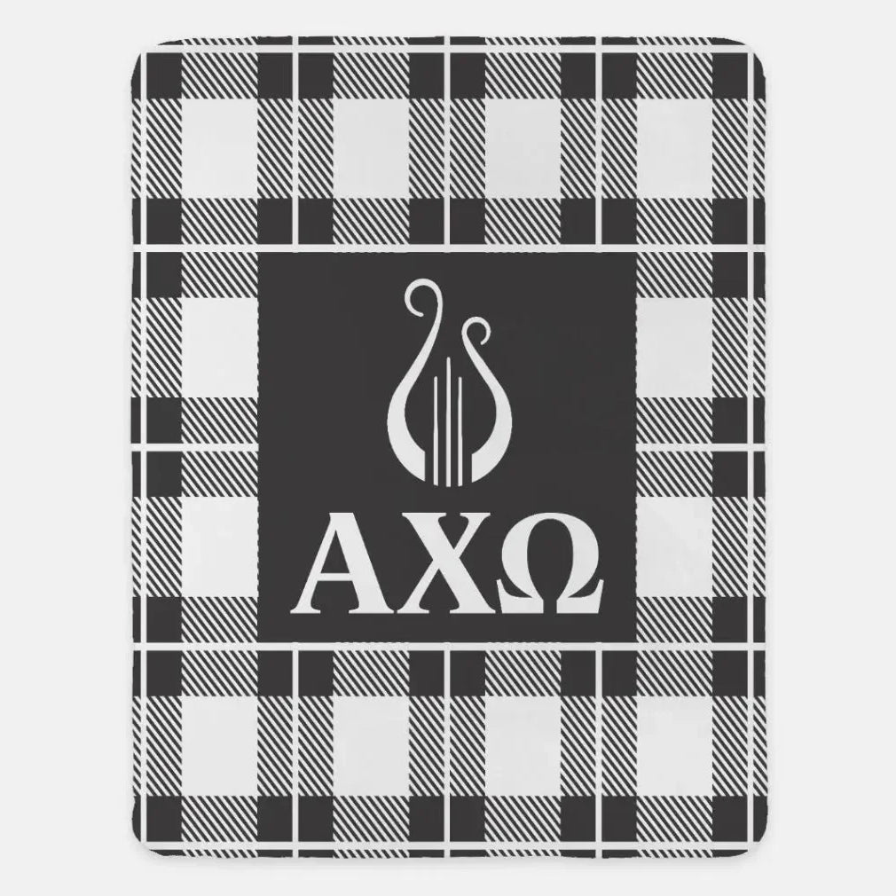 Alpha Chi Omega XL 60x80 Plaid Sherpa Throw Blanket Ebony Throw Blankets