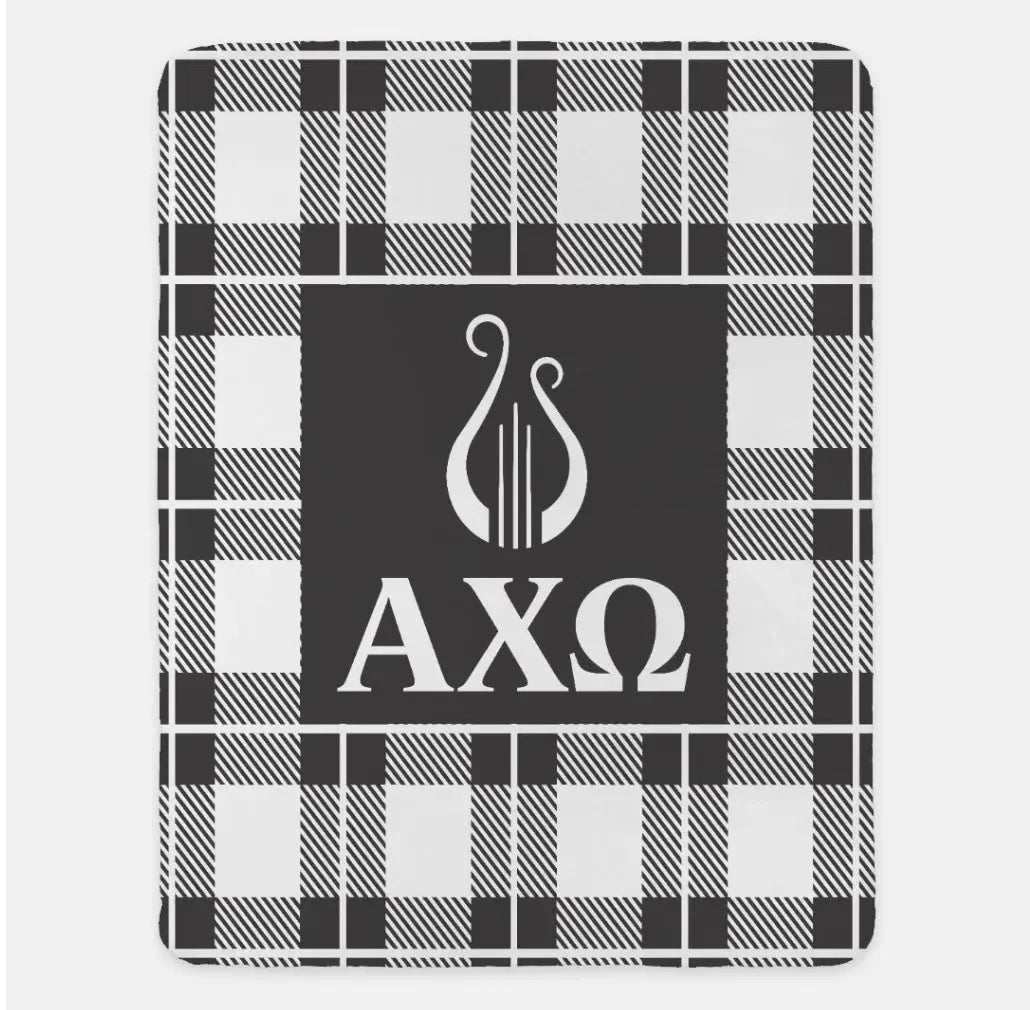 Alpha Chi Omega XL 60x80 Plaid Sherpa Throw Blanket Ebony Throw Blankets