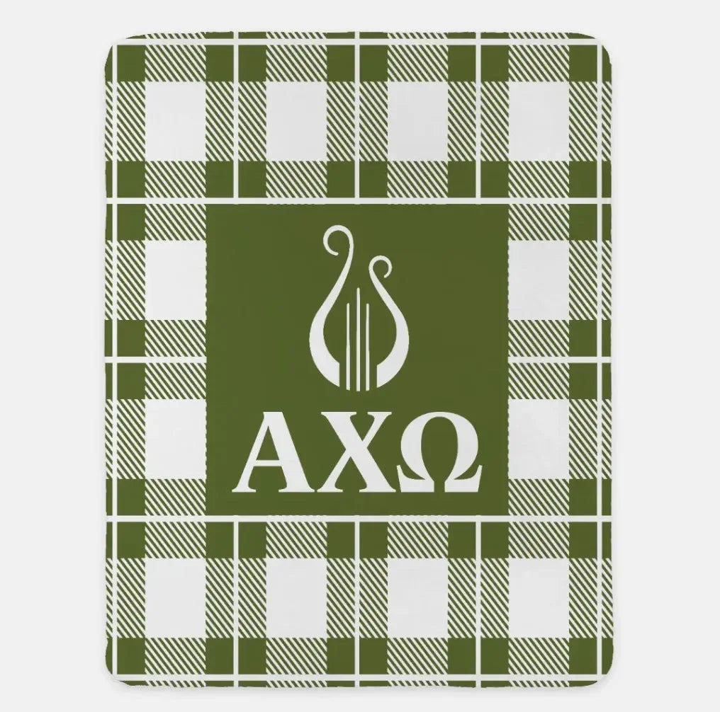 Alpha Chi Omega XL 60x80 Plaid Sherpa Throw Blanket Olive Throw Blankets