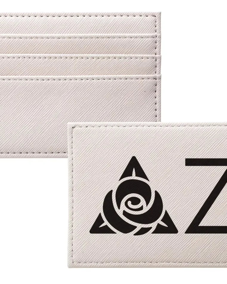 Delta Zeta Card Holder Vegan Saffiano Leather - Greek Letters Black Travel Wallet