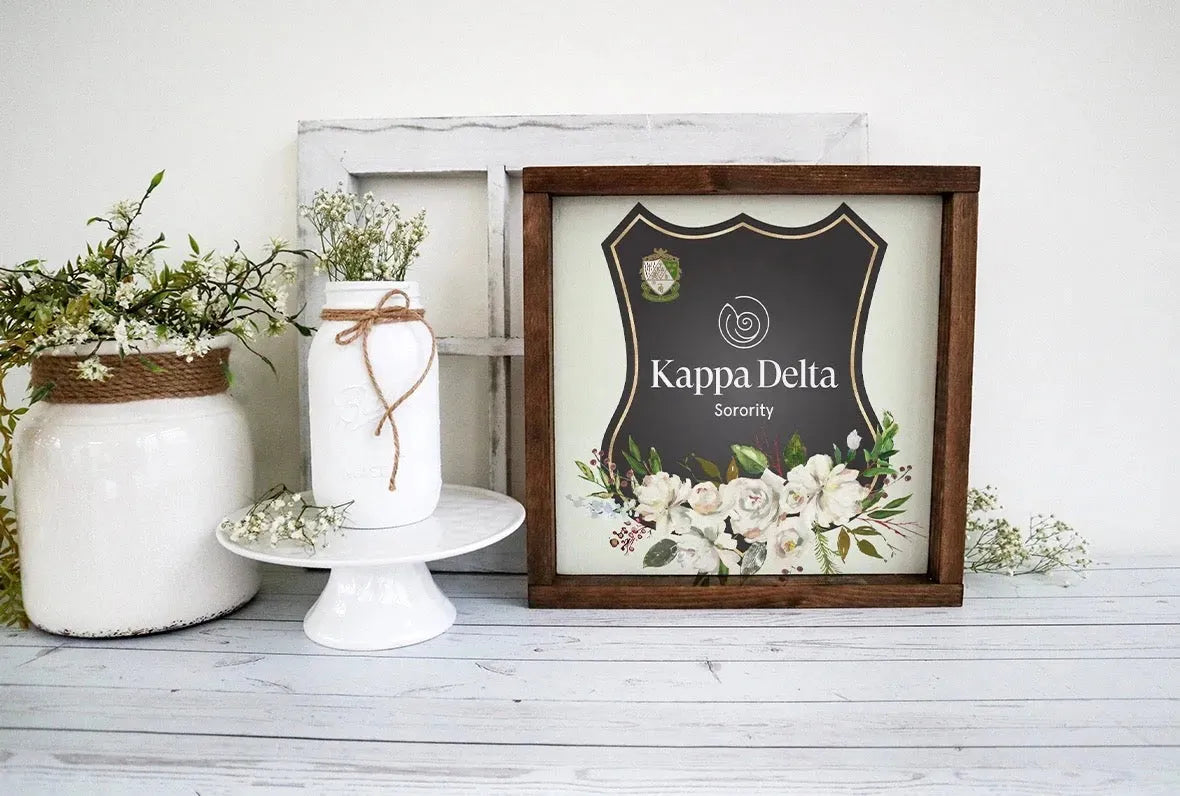 Kappa Delta 12x12 Wood Framed Sign - White Rose Frame Wall Art & Signs