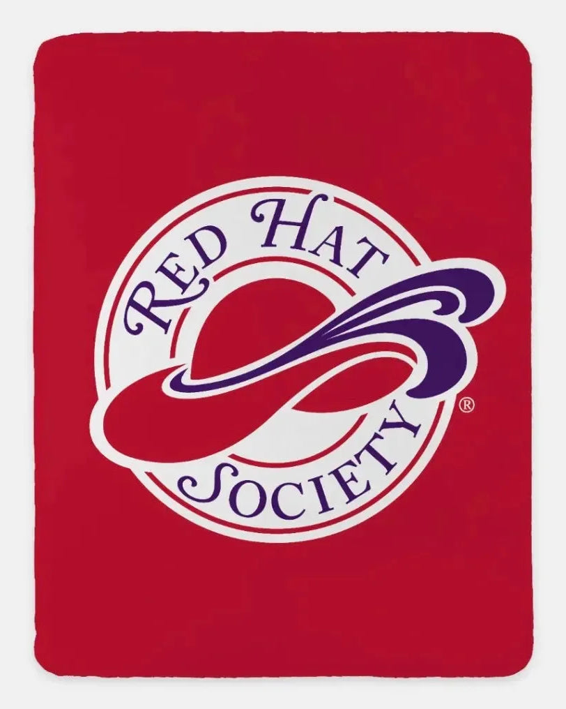 Red Hat Society Sherpa Blanket - Large Logo Red Throw Blankets