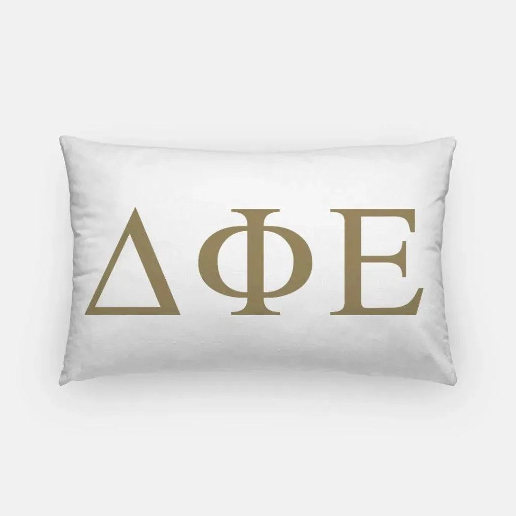 Delta Phi Epsilon Lumbar Pillow Cover - Greek Letters White Gold Pillow Covers