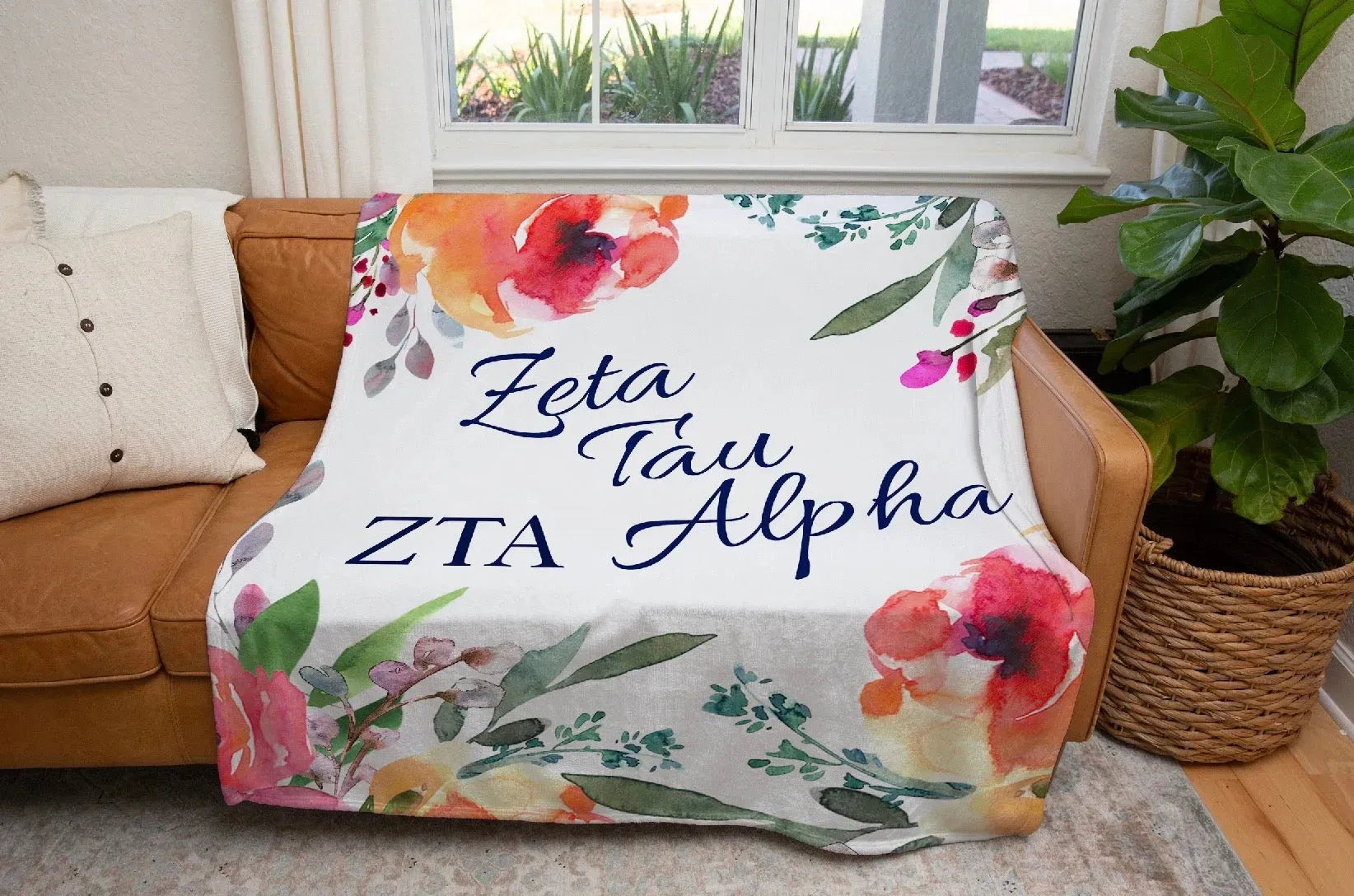 Zeta Tau Alpha XL 60x80 Sherpa Blanket -Floral Throw Blankets