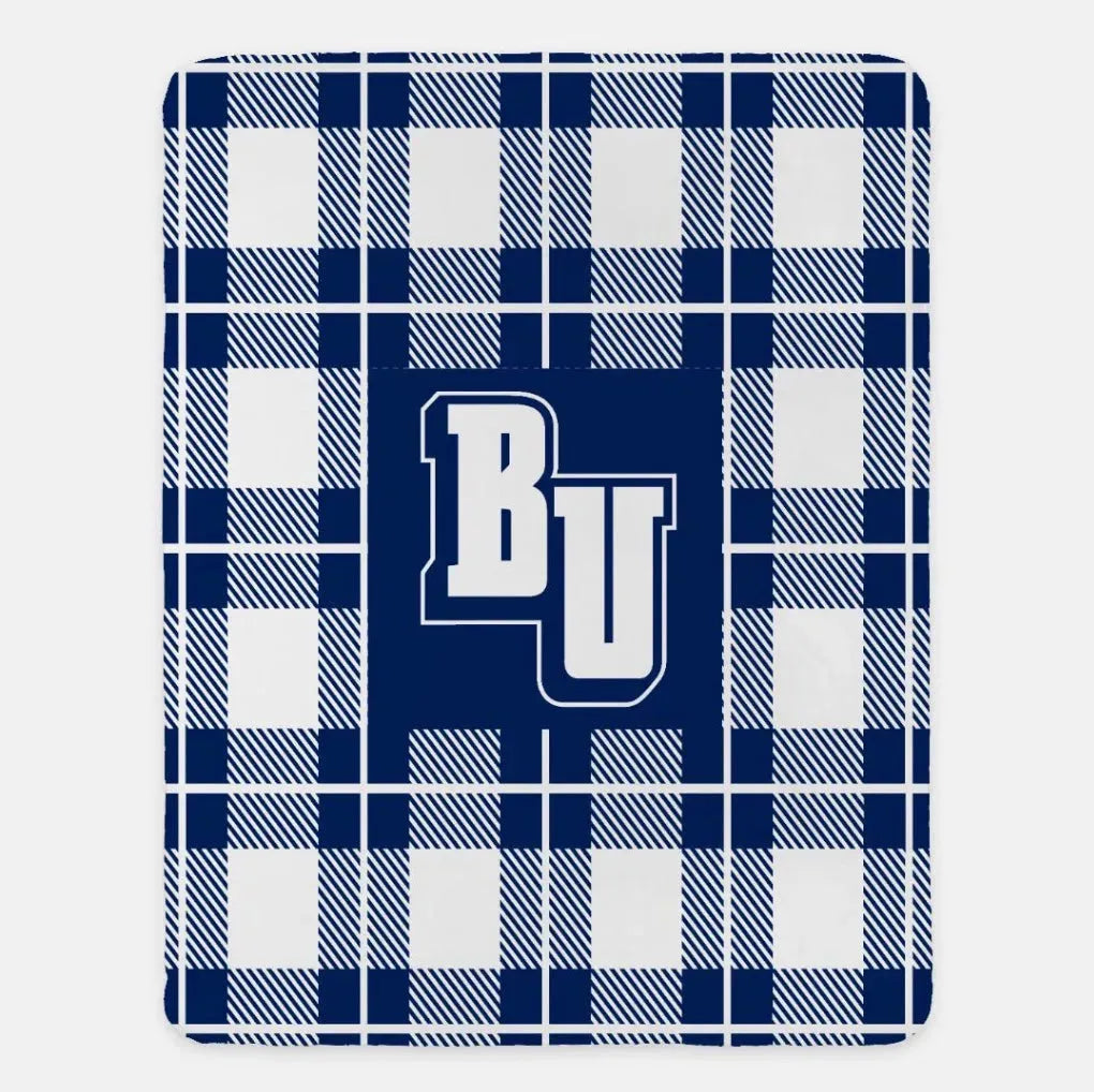 Belmont University Sherpa Blanket - BU Plaid XL 60"x80" Belmont Blue Throw Blankets