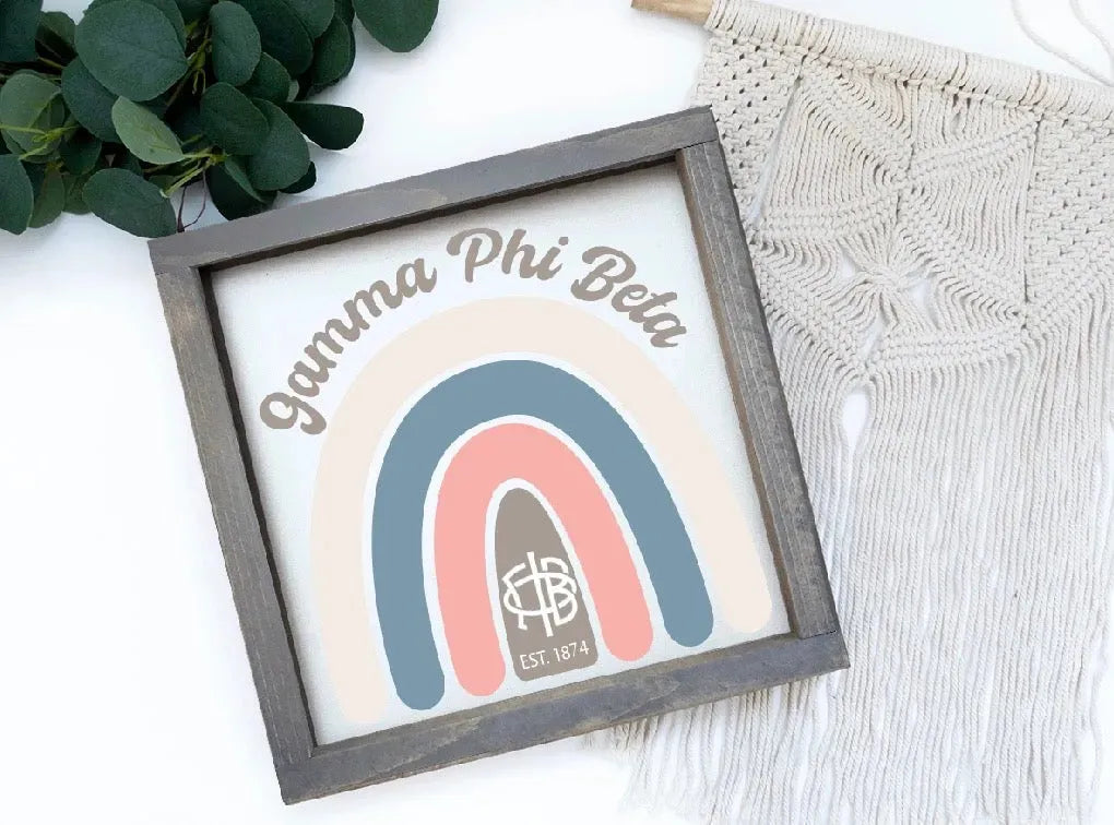 Gamma Phi Beta 12x12 Rainbow Wood Framed Sign - Rainbow Wall Art & Signs