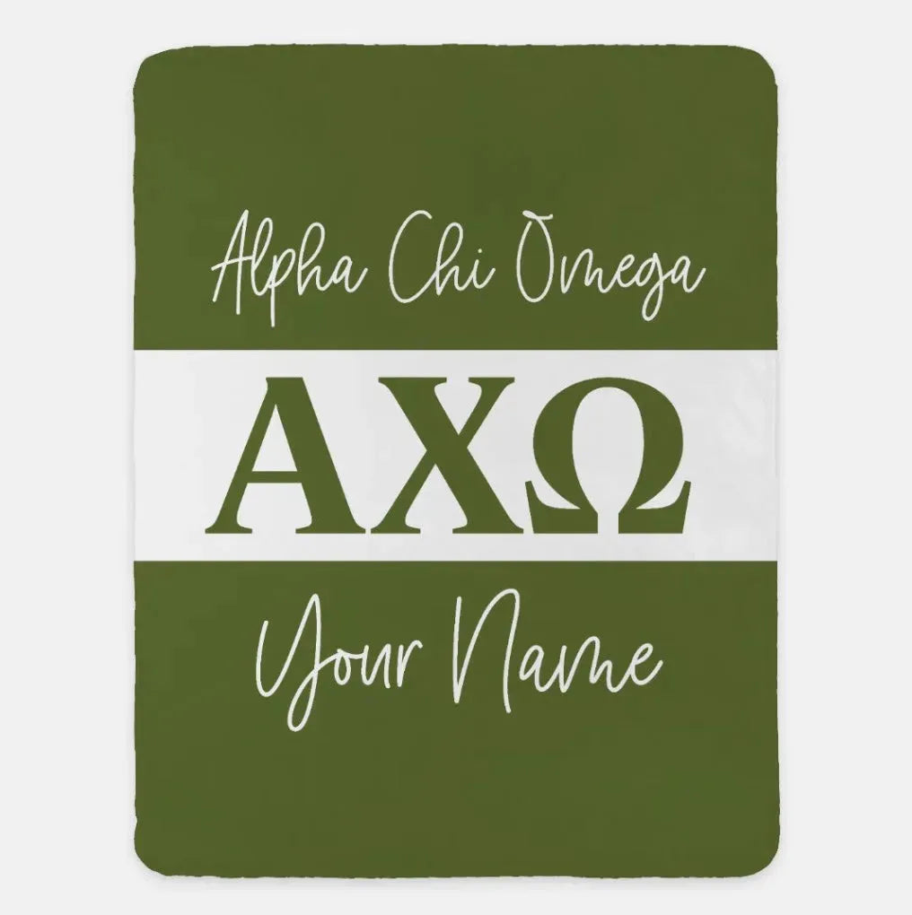 Personalized Alpha Chi Omega XL 60x80 Sherpa Blanket - Stripe Olive Throw Blankets