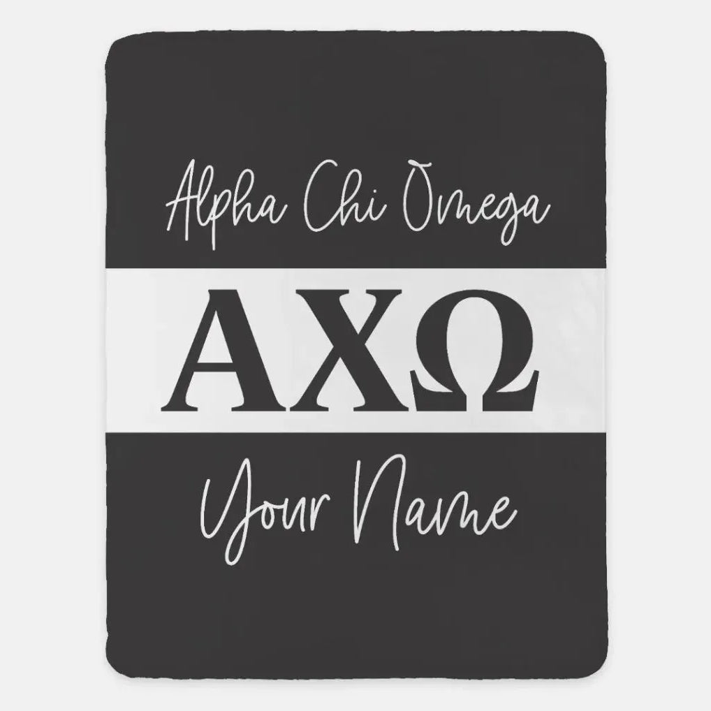 Personalized Alpha Chi Omega XL 60x80 Sherpa Blanket - Stripe Ebony Throw Blankets