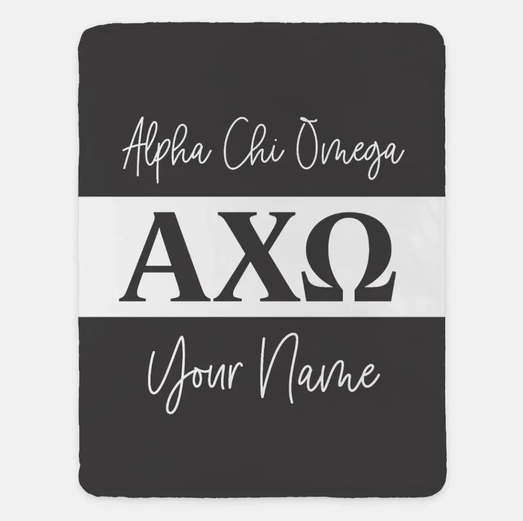 Personalized Alpha Chi Omega XL 60x80 Sherpa Blanket - Stripe Ebony Throw Blankets