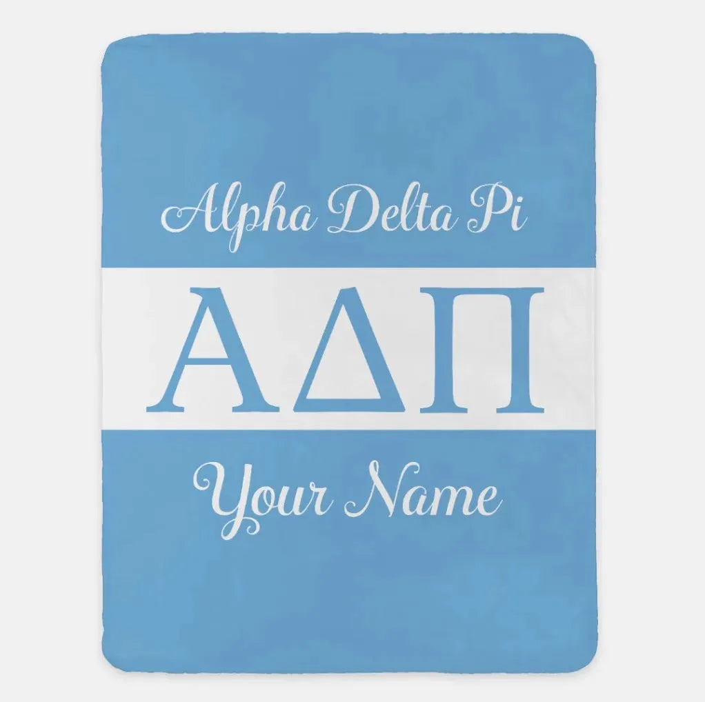 Personalized Alpha Delta Pi XL 60x80 Sherpa Throw Blanket - Greek Letters Adelphean Blue Throw Blankets