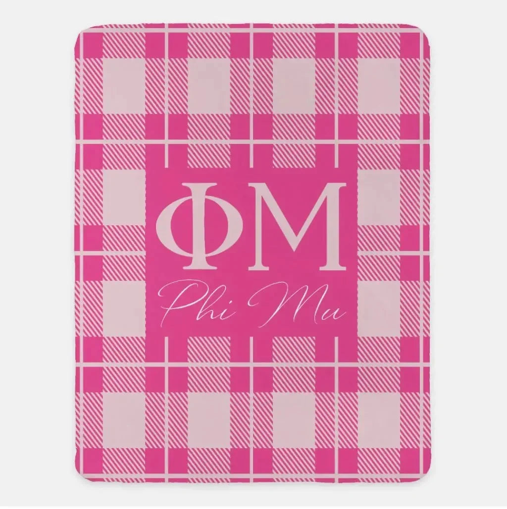 Phi Mu Plaid XL 60x80 Sherpa Throw Blanket Pink Blush Throw Blankets