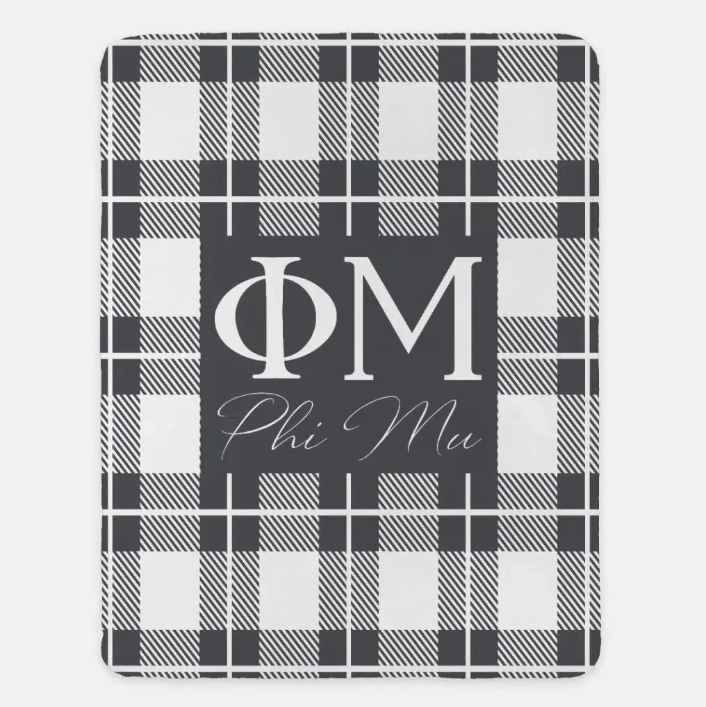 Phi Mu Plaid XL 60x80 Sherpa Throw Blanket Charcoal Throw Blankets
