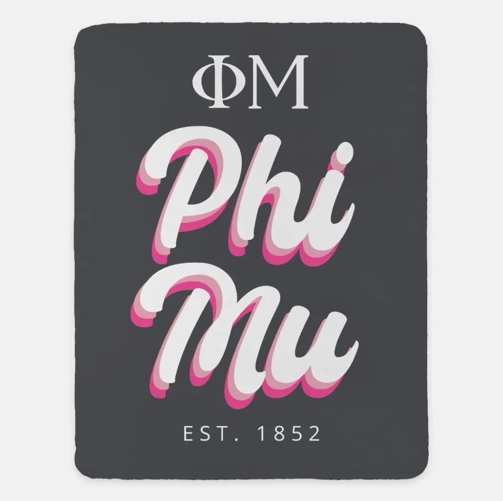 Phi Mu XL 60x80 Pink Retro Sherpa Blanket Charcoal Throw Blankets