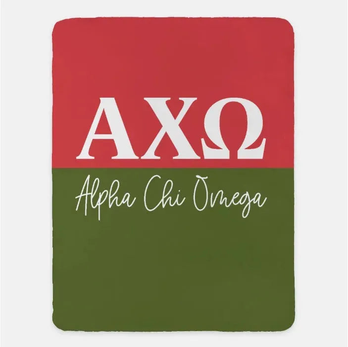 Alpha Chi Omega XL 60x80 Sherpa Throw Blanket Blanket - Color Block Scarlet Olive Throw Blankets