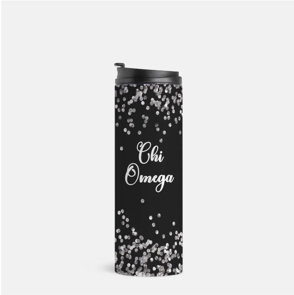 Chi Omega Thermal Tumbler 16 oz. - Glitter Black Drinkware