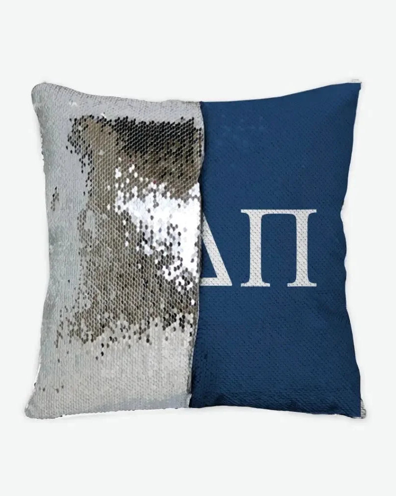 Alpha Delta Pi Sequin Pillow Cover - Greek Letters Midnight Silver Pillow Covers
