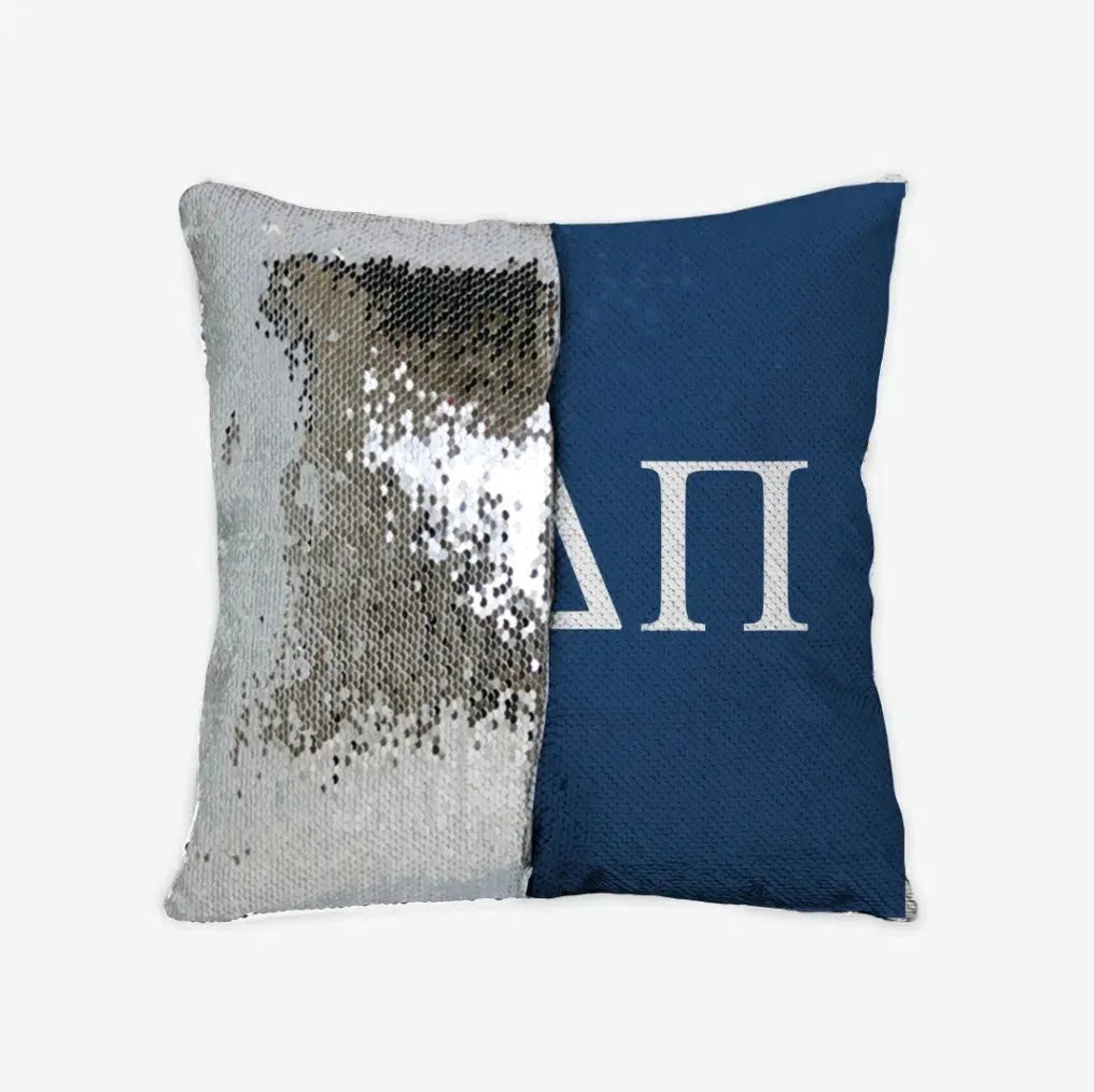 Alpha Delta Pi Sequin Pillow Cover - Greek Letters Midnight Silver Pillow Covers