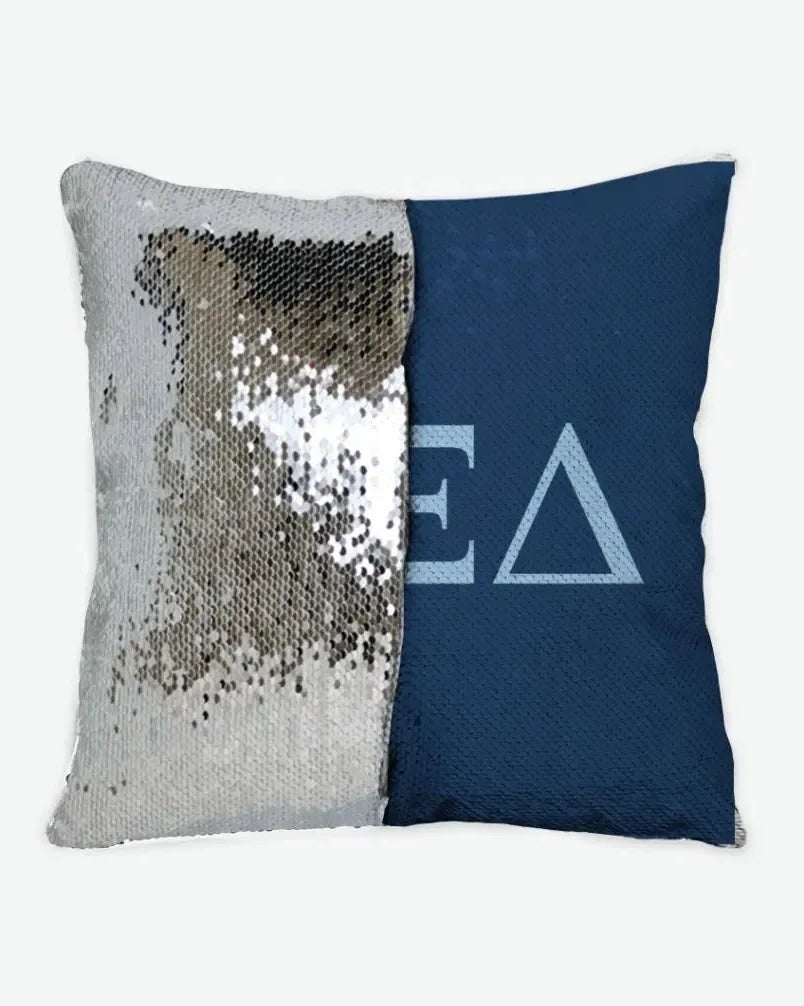 Alpha Xi Delta Sequin Pillow Cover - Greek Letters Griffin Blue Silver Pillow Covers