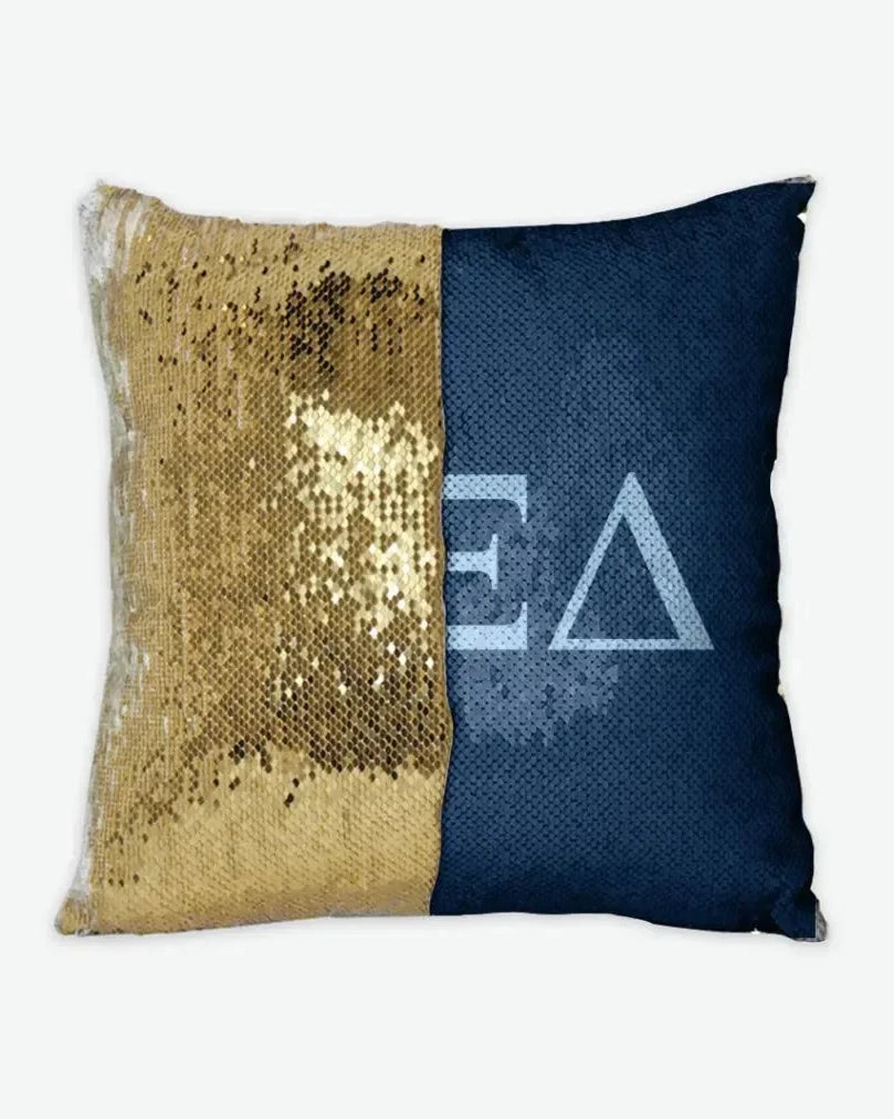 Alpha Xi Delta Sequin Pillow Cover - Greek Letters Griffin Blue Gold Pillow Covers