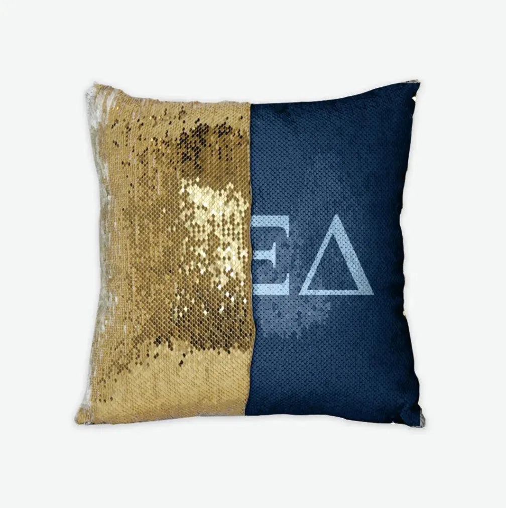 Alpha Xi Delta Sequin Pillow Cover - Greek Letters Griffin Blue Gold Pillow Covers
