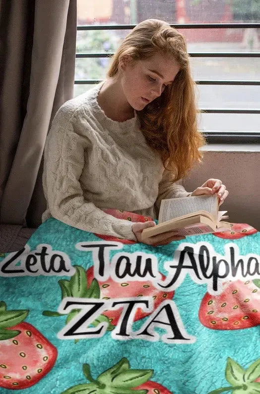 Zeta Tau Alpha XL 60x80 Sherpa Blanket - Strawberries Throw Blankets