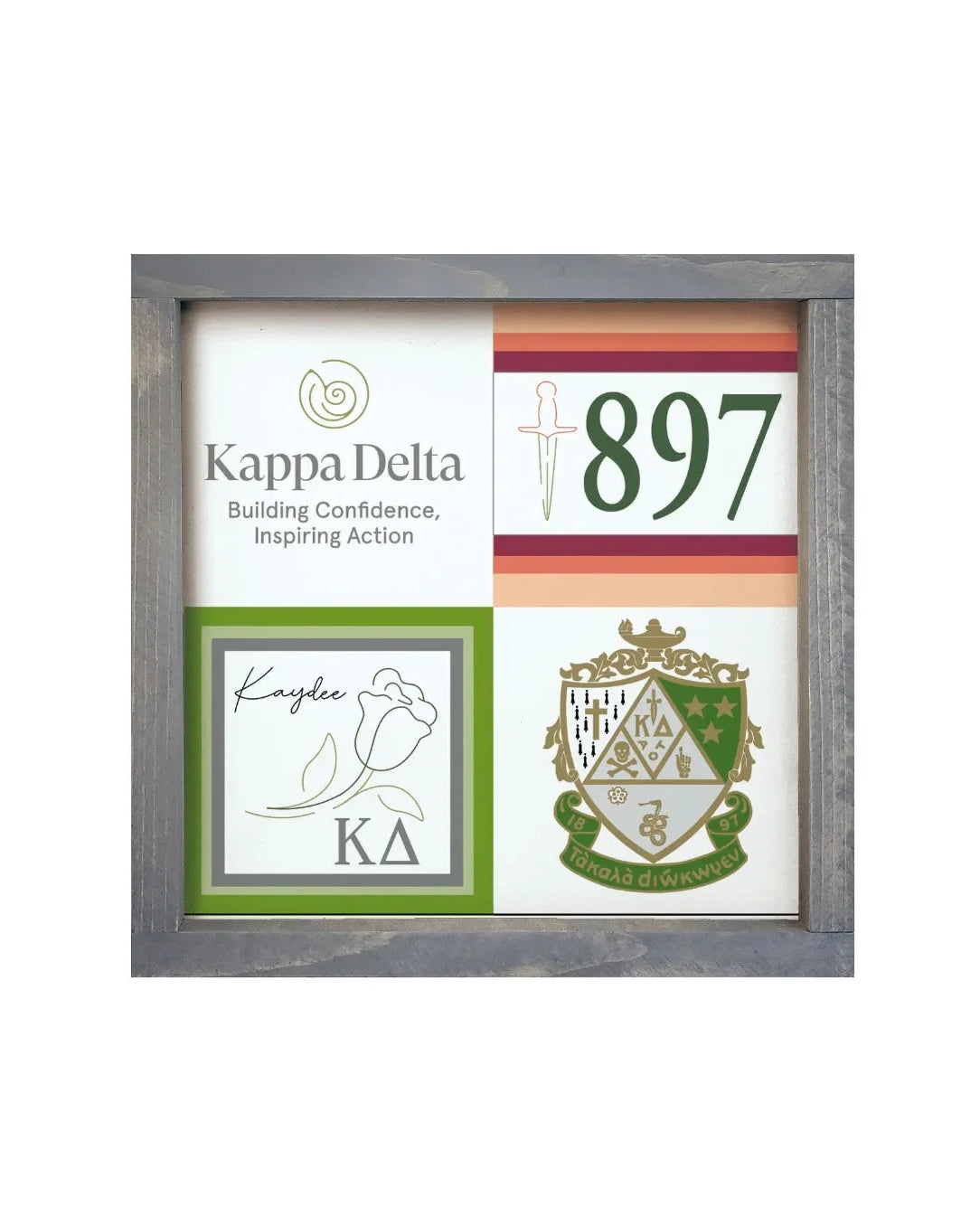 Kappa Delta 12x12 Wood Framed Sign - Classic Color Block Weathered Gray Wall Art & Signs