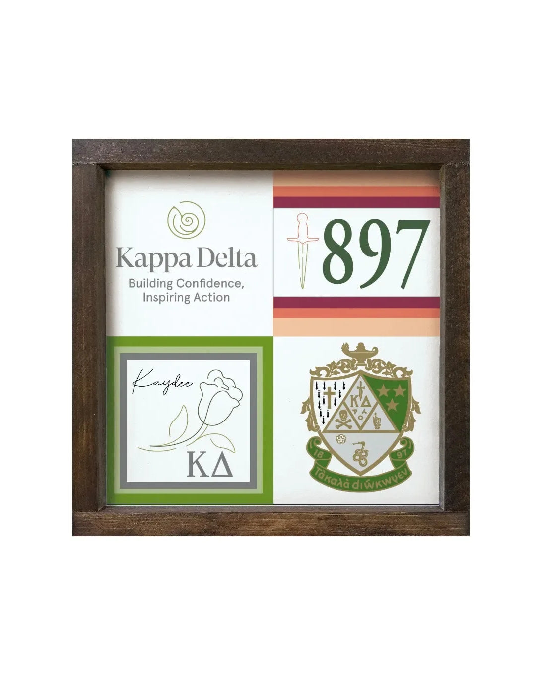 Kappa Delta 12x12 Wood Framed Sign - Classic Color Block Walnut Stain Wall Art & Signs