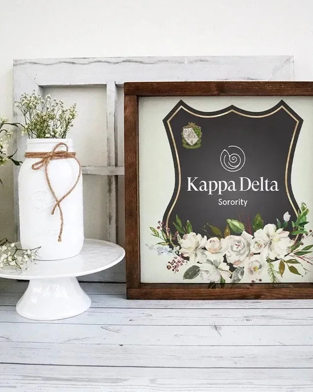 Kappa Delta 12x12 Wood Framed Sign - White Rose Frame Wall Art & Signs