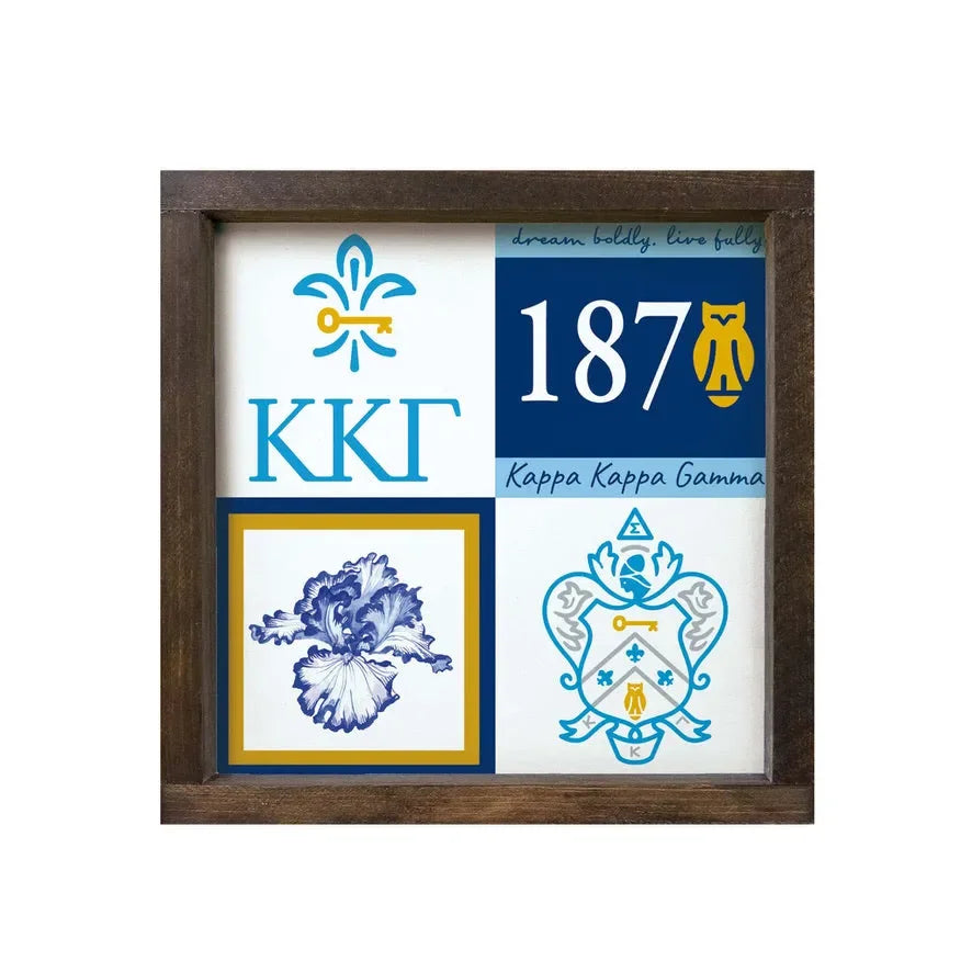 Kappa Kappa Gamma 12x12 Wood Framed Sign - Color Block Walnut Stain Wall Art & Signs