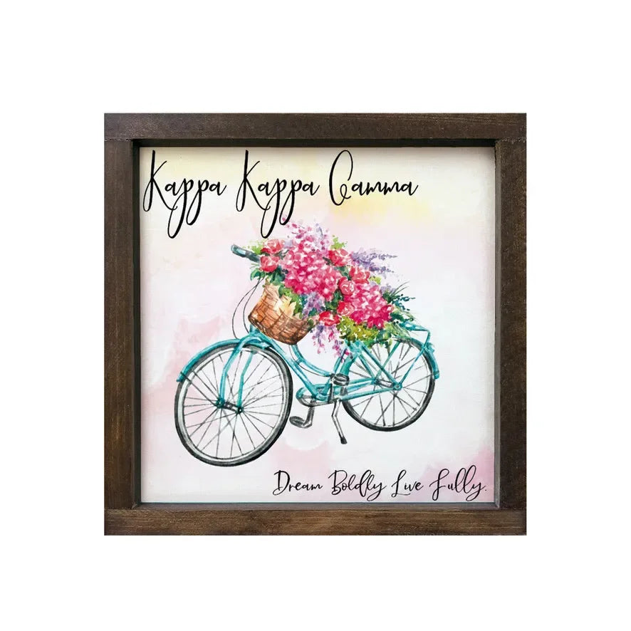 Kappa Kappa Gamma 12x12 Wood Framed Sign - Floral Bike Walnut Stain