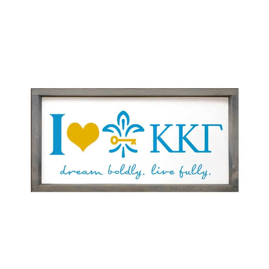 Kappa Kappa Gamma 12x24 Wood Framed Sign - Fleur de Key "I Heart" Weathered Gray Wall Art & Signs