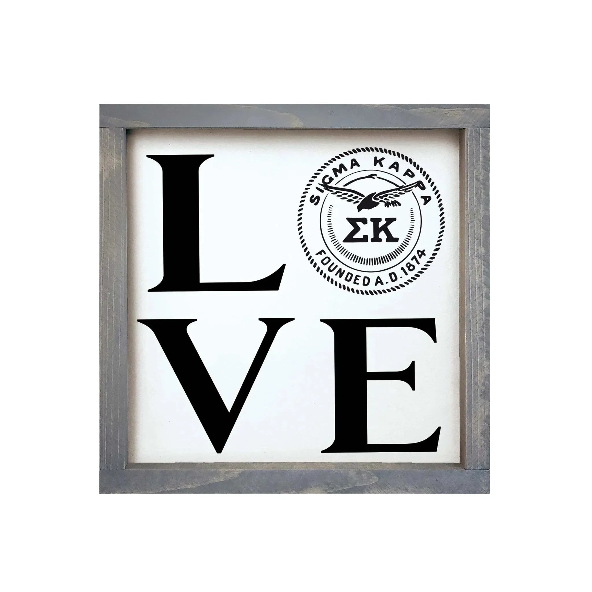 Sigma Kappa 12x12 Wood Framed Sign - "LOVE" Sig Kap Seal Weathered Gray Wall Art & Signs