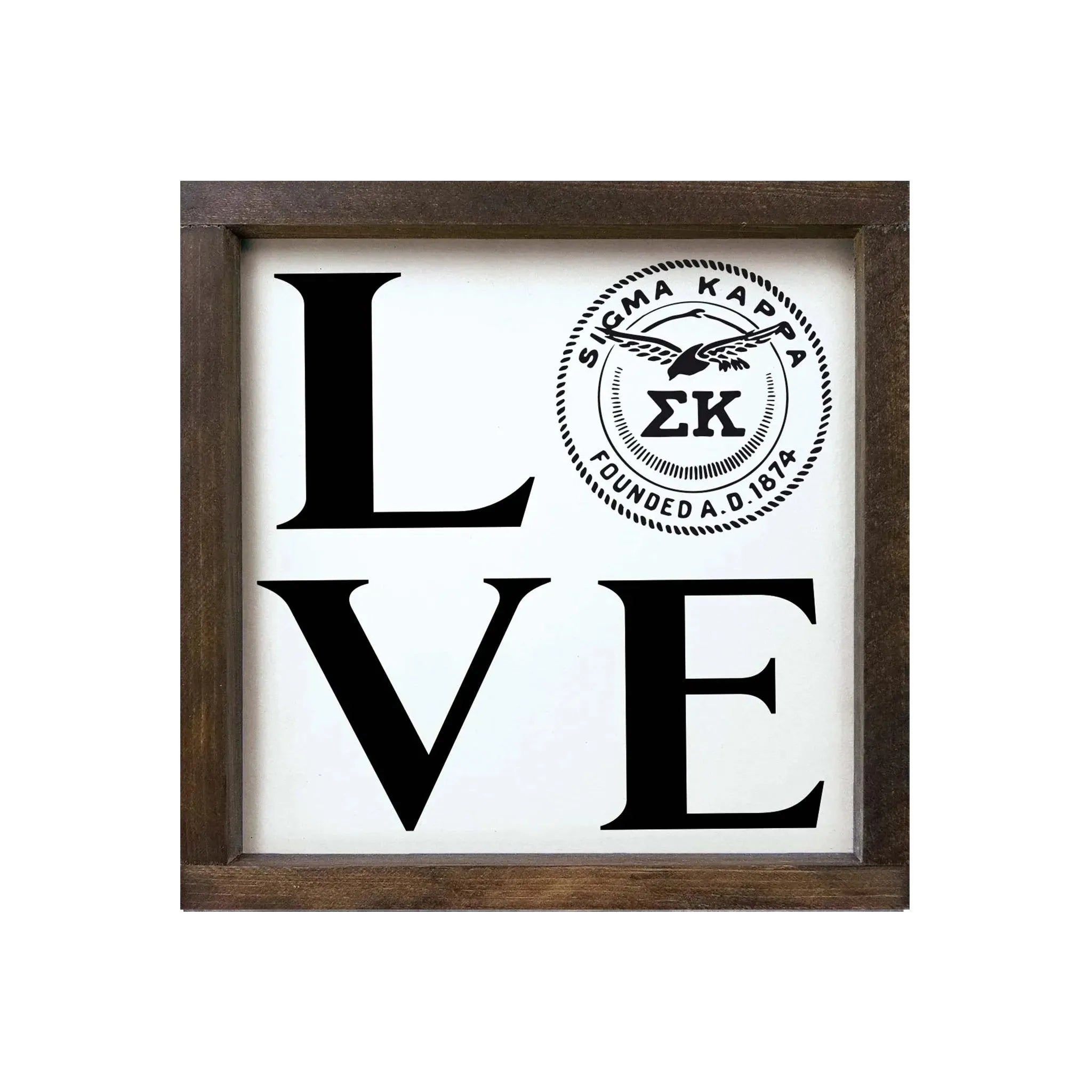 Sigma Kappa 12x12 Wood Framed Sign - "LOVE" Sig Kap Seal Walnut Stain Wall Art & Signs