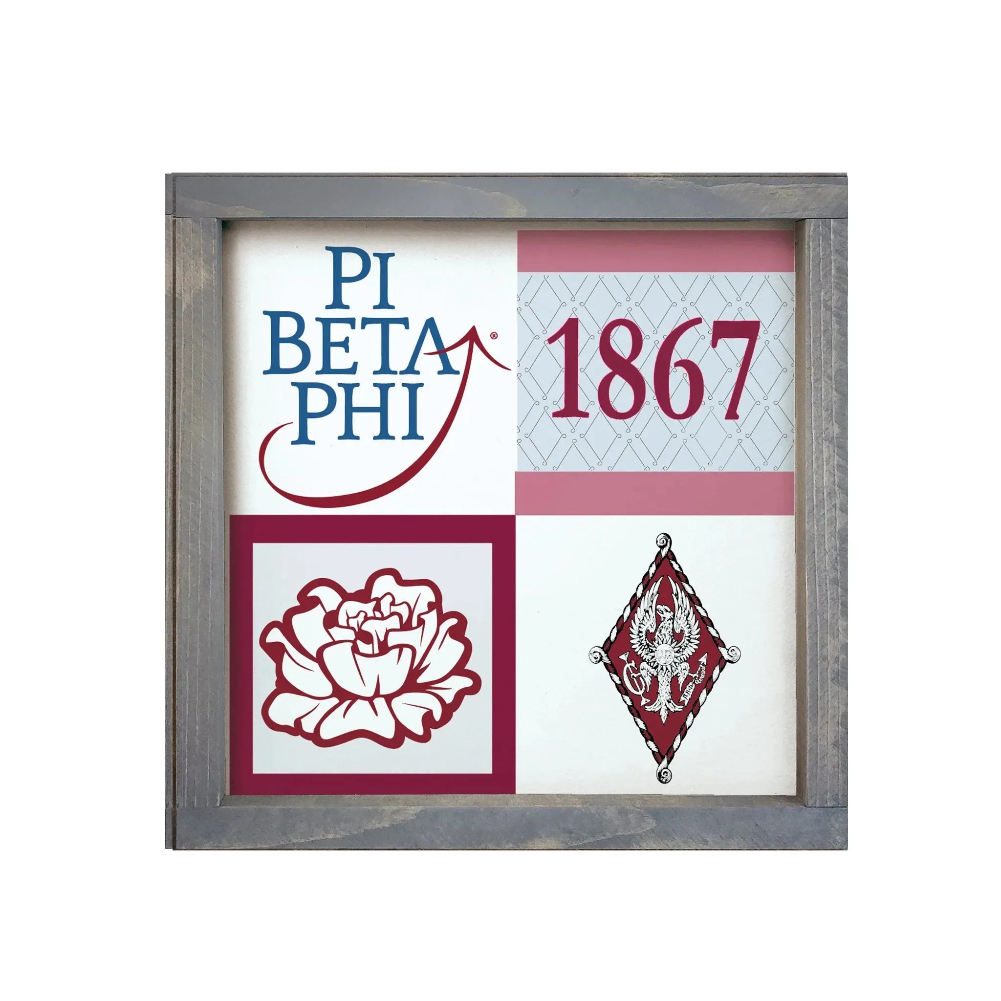 Pi Beta Phi 12x12 Wood Framed Sign -Classic Color Block Weathered Gray Wall Art & Signs