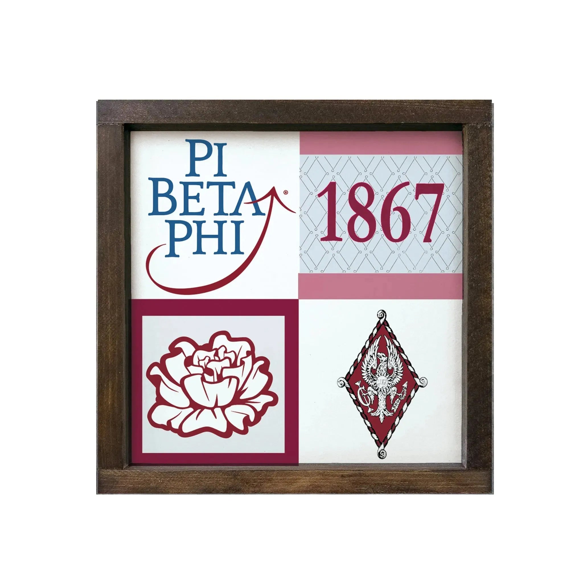 Pi Beta Phi 12x12 Wood Framed Sign -Classic Color Block Walnut Stain Wall Art & Signs