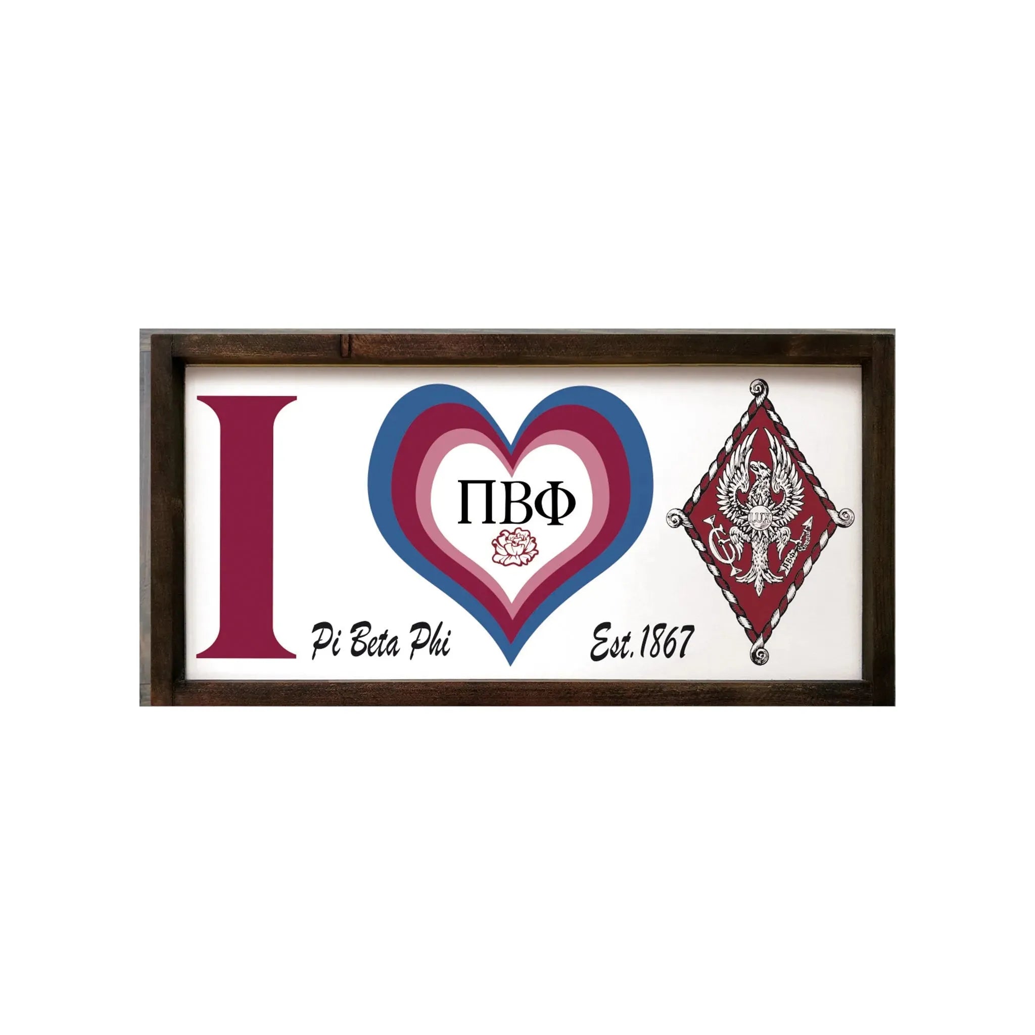 Pi Beta Phi 12x24 Wood Framed Sign - I Heart Walnut Stain Wall Art & Signs