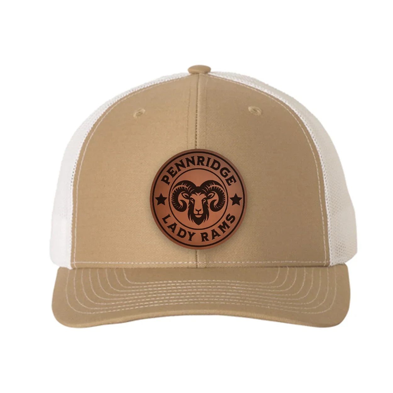 Pennridge Lady Rams Richardson 112 Leatherette Patch Trucker Hat Khaki White Trucker Hat