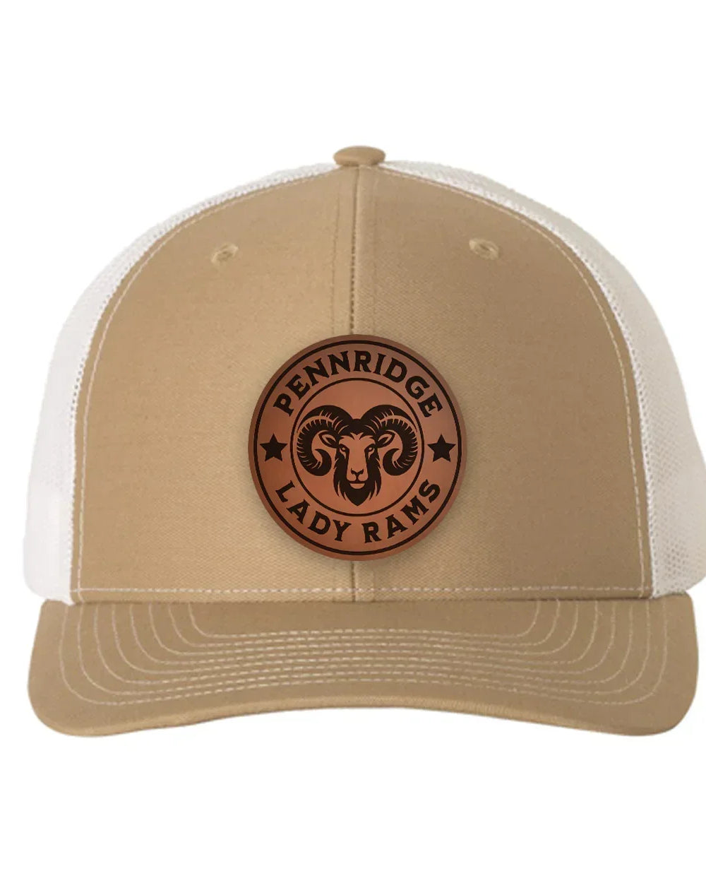 Pennridge Lady Rams Richardson 112 Leatherette Patch Trucker Hat Khaki White Trucker Hat