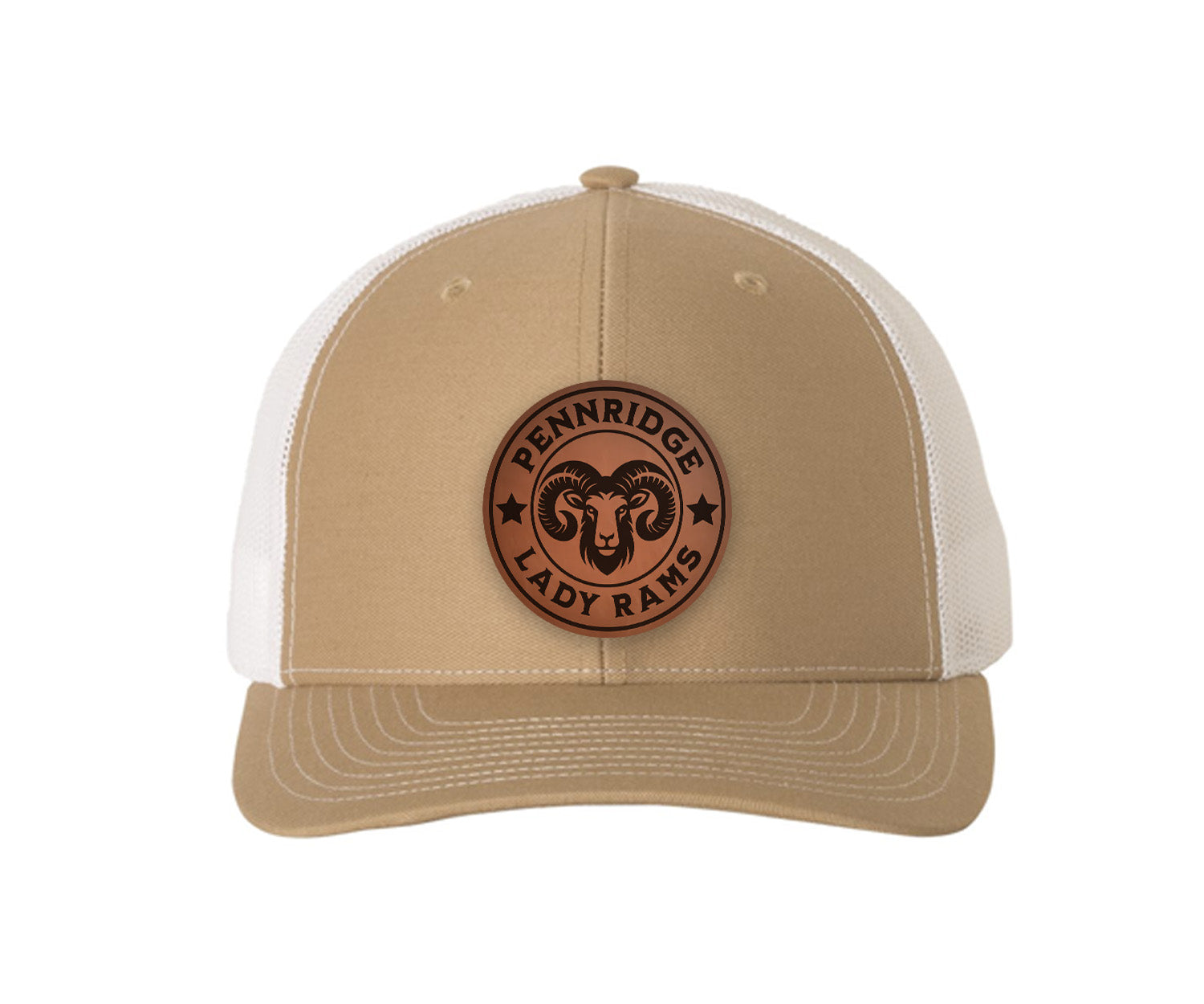Pennridge Lady Rams Richardson 112 Leatherette Patch Trucker Hat Khaki White Trucker Hat