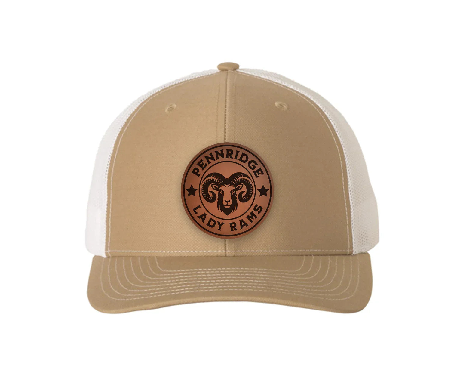Pennridge Lady Rams Richardson 112 Leatherette Patch Trucker Hat Khaki White Trucker Hat