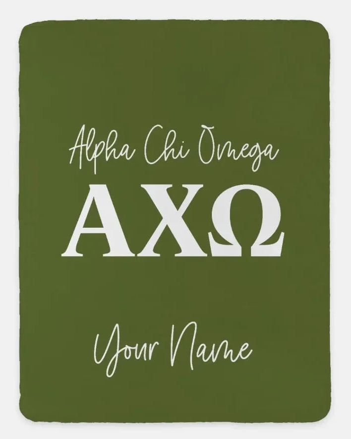 Personalized Alpha Chi Omega XL 60x80 Sherpa Blanket Olive Throw Blankets