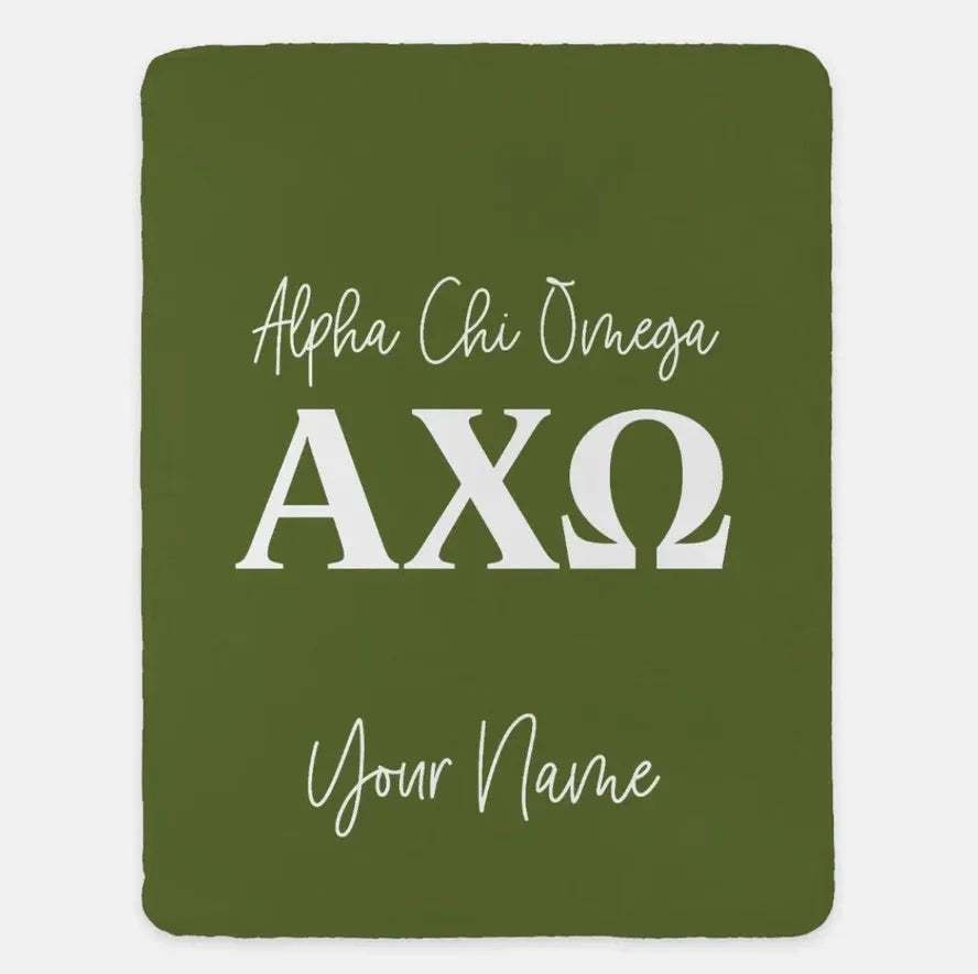 Personalized Alpha Chi Omega XL 60x80 Sherpa Blanket Olive Throw Blankets