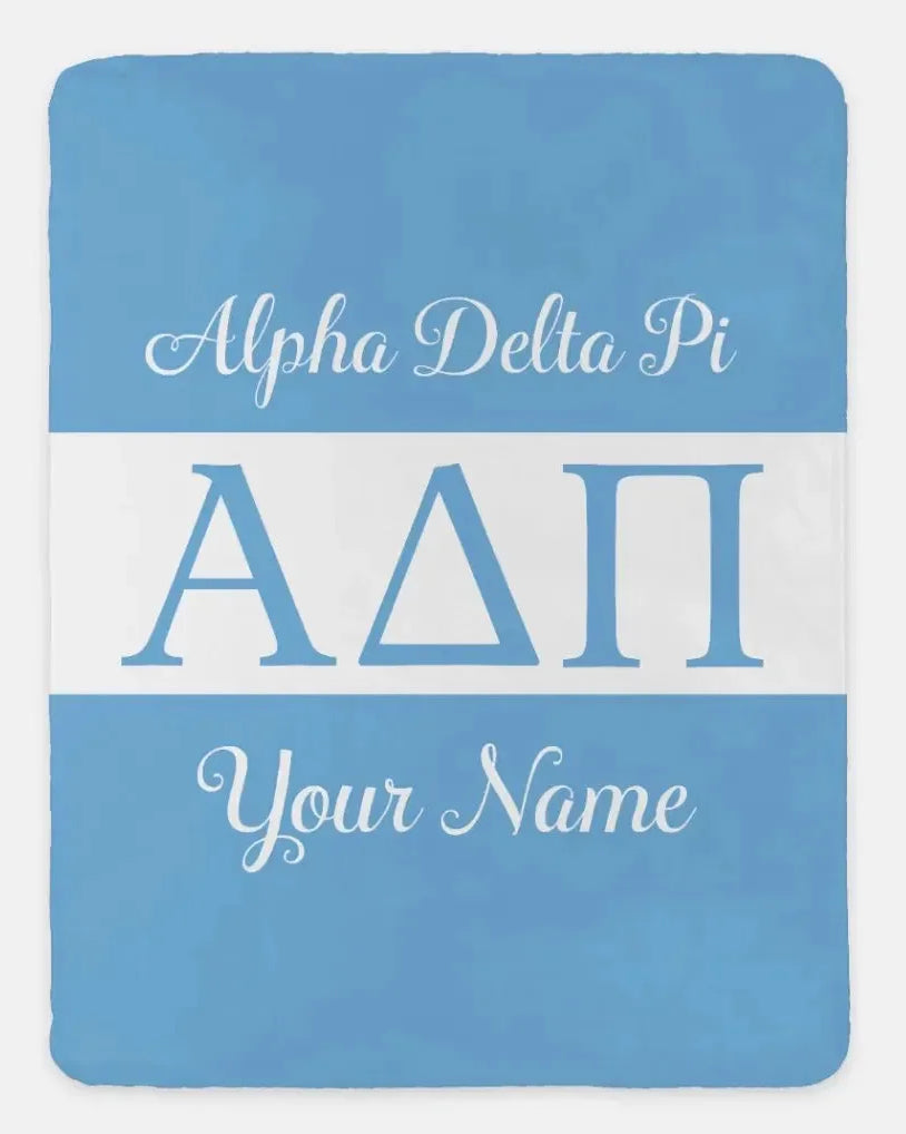 Personalized Alpha Delta Pi XL 60x80 Sherpa Throw Blanket - Greek Letters Adelphean Blue Throw Blankets
