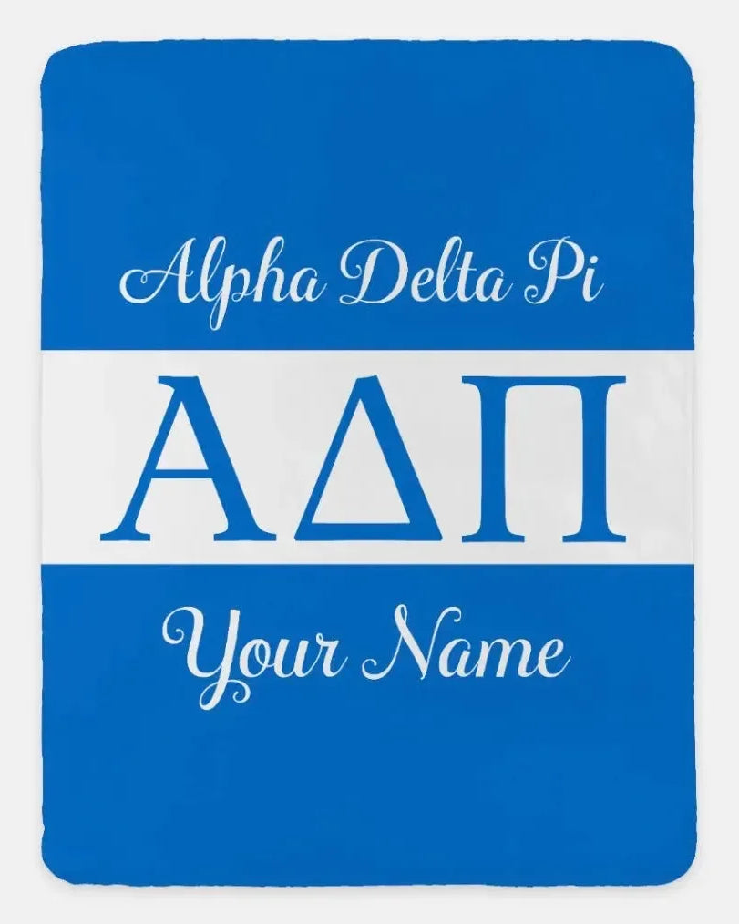 Personalized Alpha Delta Pi XL 60x80 Sherpa Throw Blanket - Greek Letters Azure Throw Blankets