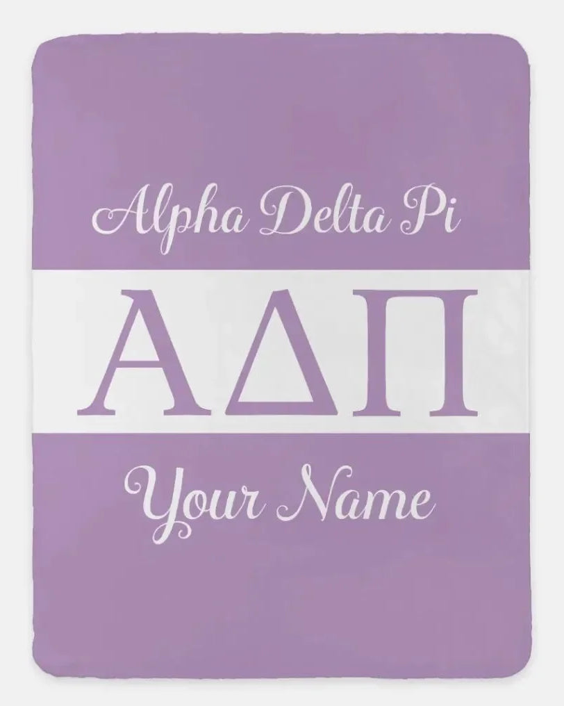 Personalized Alpha Delta Pi XL 60x80 Sherpa Throw Blanket - Greek Letters Violet Throw Blankets