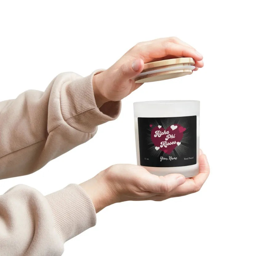 Personalized Alpha Phi Kisses Frosted Glass Candle (Hand Poured 11 oz) Candles