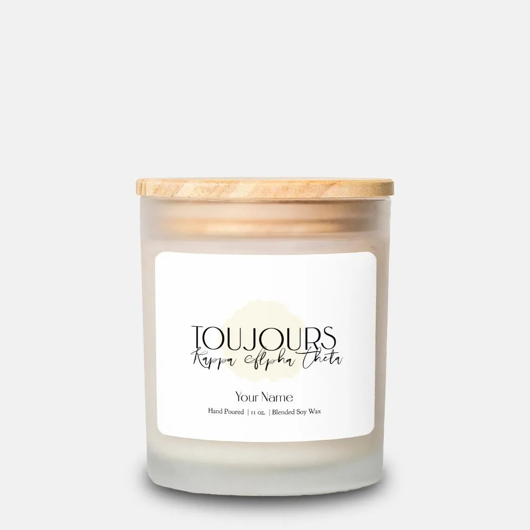 Personalized Kappa Alpha Theta Frosted Glass Candle (Hand Poured 11 oz) - Toujours Candles