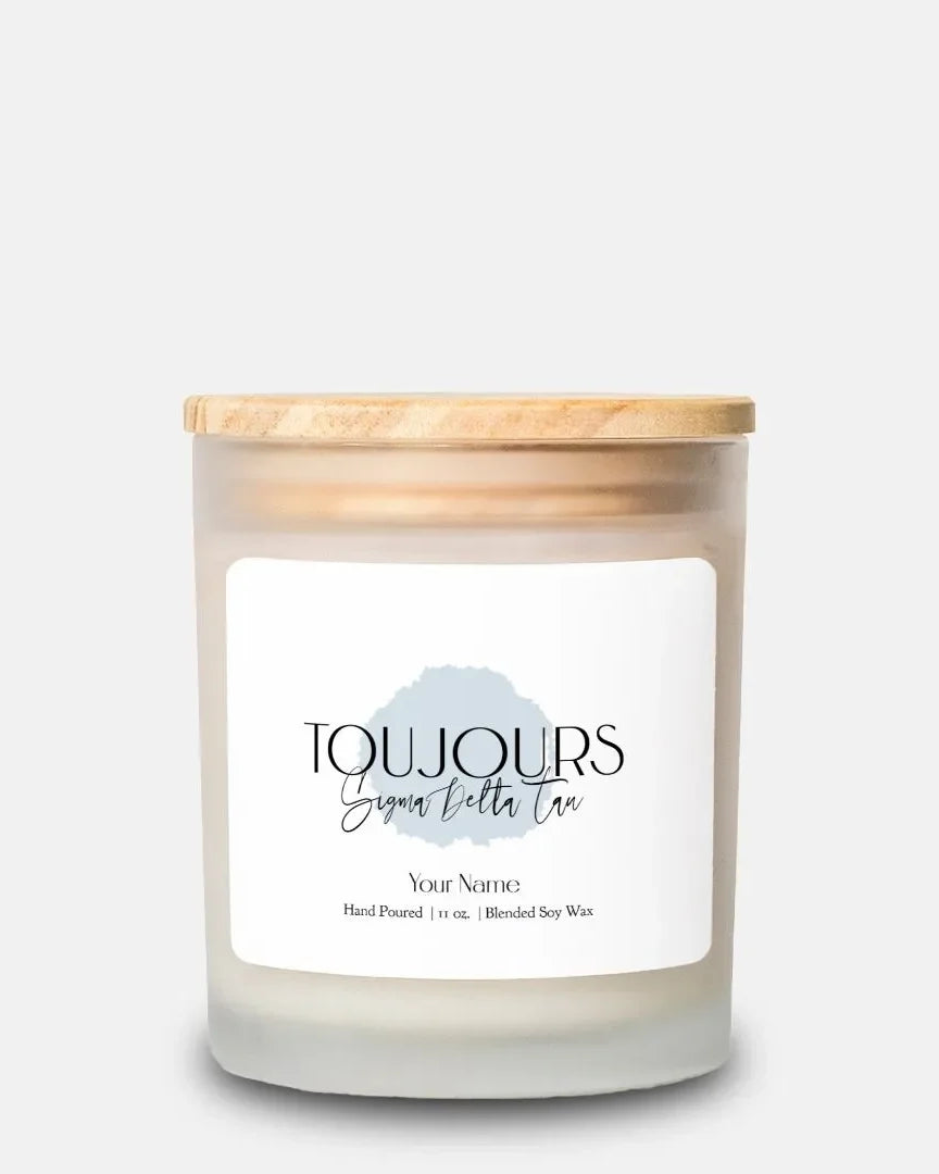 Personalized Sigma Delta Tau Frosted Glass Candle (Hand Poured 11 oz) - Toujours Candles