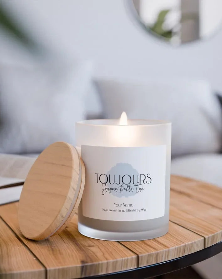 Personalized Sigma Delta Tau Frosted Glass Candle (Hand Poured 11 oz) - Toujours Candles