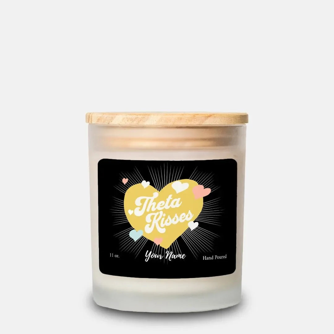 Personalized Theta Kisses Frosted Glass Candle (Hand Poured 11 oz) Candles